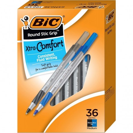 BIC Round Stic Grip Xtra Comfort Kugelschreiber, Tintenstifte mit mittlerer Spitze (1,2 mm), Schwarz und Blau, weicher Griff für mehr Komfort und Kontrolle, 36 Stück (GSMG361-AST)