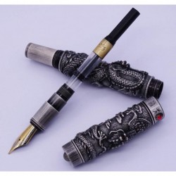 Jinhao Vintage Luxuriöser Füller Double Dragon Playing Pearl, Antike graue Metallschnitzerei, Prägung, schwere Stiftkollektion