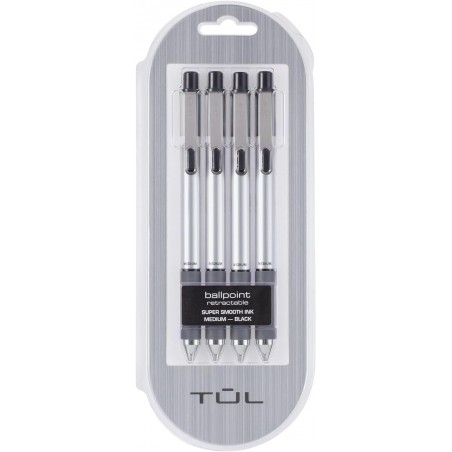 TUL BP3 Kugelschreiber, Druckkugelschreiber, mittlere Spitze, 1,0 mm, silberner Schaft, schwarze Tinte, 4er-Pack