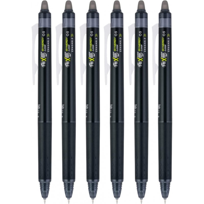 Pilot FriXion Synergy Clicker Gel-Tintenstifte mit Druck- und Löschfunktion, 0,5 mm extrafeine Spitze, schwarze Tinte, 6er-Pack