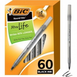 BIC(R) Round Stic Kugelschreiber, 1,0 mm, mittlere Spitze, durchscheinender Schaft, schwarze Tinte, 60er-Packung, BICGSM609BK