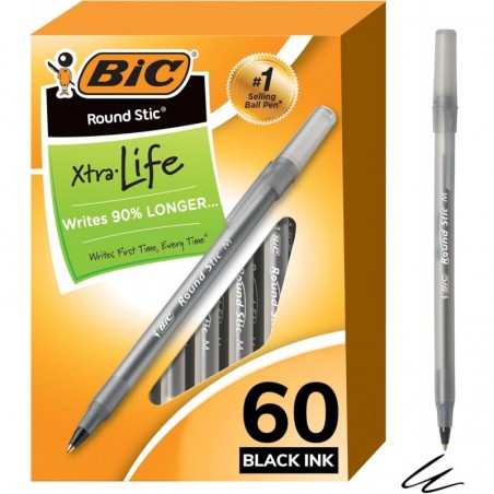 BIC(R) Round Stic Kugelschreiber, 1,0 mm, mittlere Spitze, durchscheinender Schaft, schwarze Tinte, 60er-Packung, BICGSM609BK