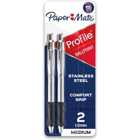 Paper Mate® Profile-Kugelschreiber mit Metallschaft, mittlere Spitze, 1,0 mm, silberner Schaft, schwarze Tinte, 2er-Pack