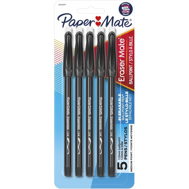 Paper Mate® EraserMate®-Stifte, mittlere Spitze, 1,0 mm, schwarzer Schaft, schwarze Tinte, 5er-Pack