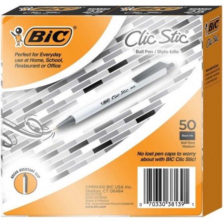 BIC Clic Stic Druckkugelschreiber, mittlere Spitze 1,0 mm, 50 Stück (schwarz)