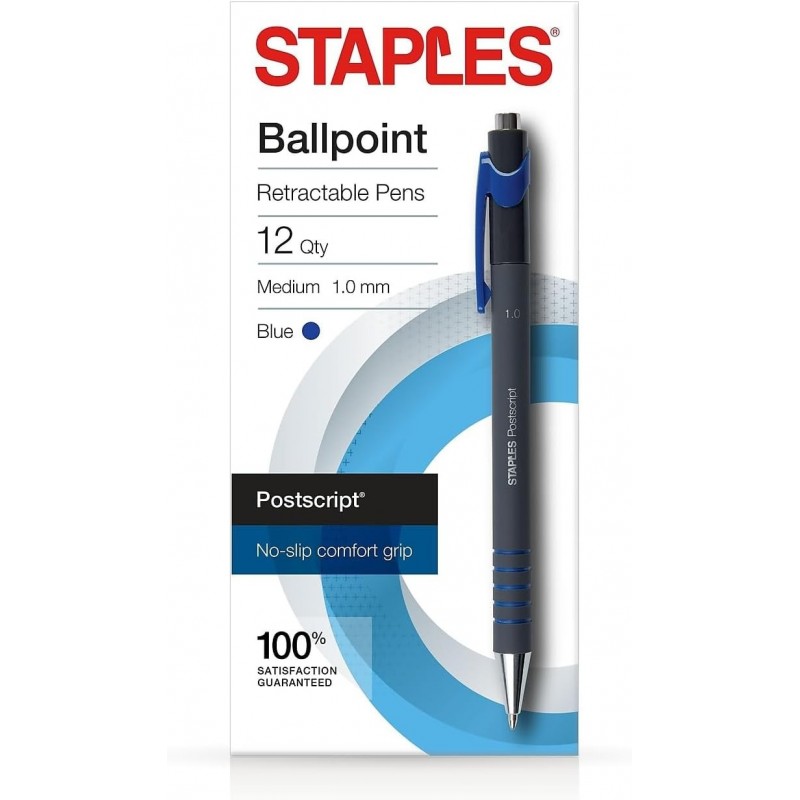 Staples 808007 Postscript Druckkugelschreiber, mittlere Spitze, blau, Dutzend (18263)