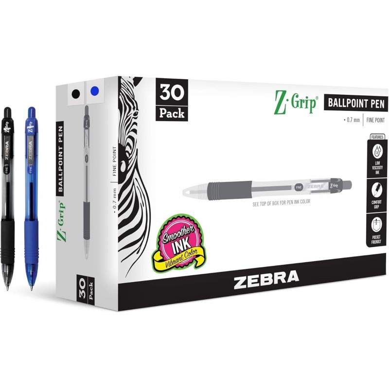 Zebra Pen Z-Grip Druckkugelschreiber, feine Spitze, 0,7 mm, Schwarz/Blau, 30er-Pack, 25030