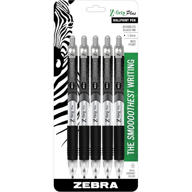 Zebra Pen Z-Grip Plus Druckkugelschreiber, mittlere Spitze, 1,0 mm, schwarze Tinte, 5 Stück