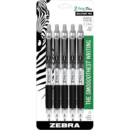 Zebra Pen Z-Grip Plus Druckkugelschreiber, mittlere Spitze, 1,0 mm, schwarze Tinte, 5 Stück