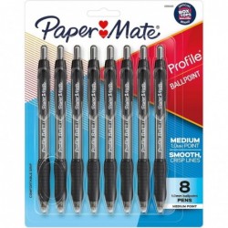 Paper Mate Profile Kugelschreiber, einziehbar, mittelgroß, 1 mm, schwarze Tinte, durchscheinender schwarzer Schaft, 8 Stück/Packung