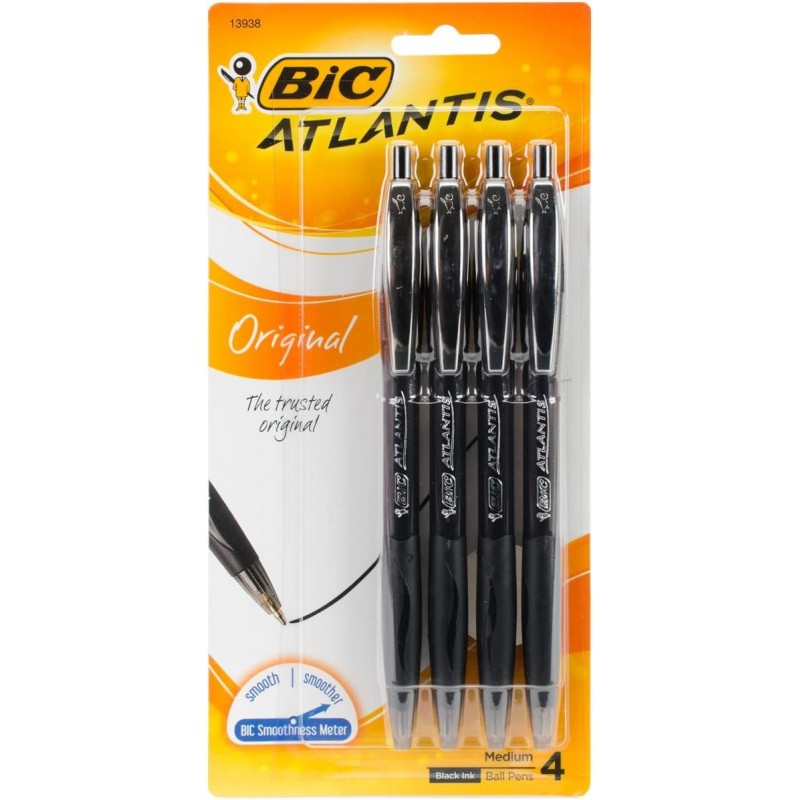 BIC(R) Atlantis(TM) Druckkugelschreiber, mittlere Spitze, 1,0 mm, schwarze Tinte, 4er-Pack