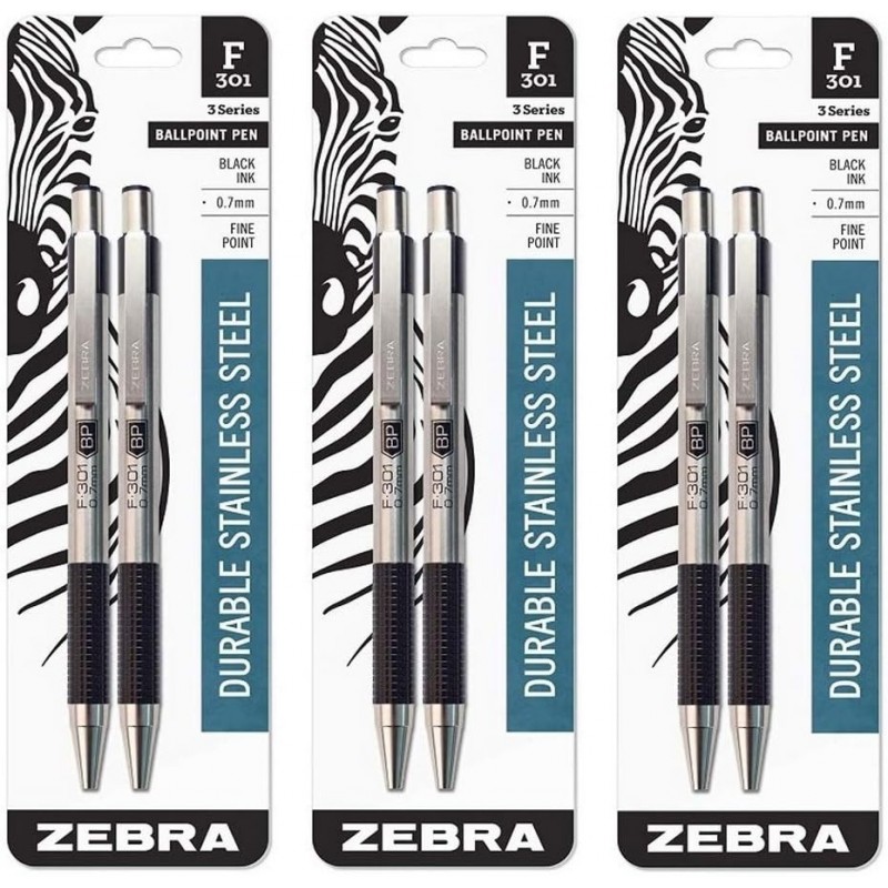 (3) Zebra F-301 Kugelschreiber aus Edelstahl, feine Spitze, 0,7 mm, schwarze Tinte, 2 Stück (27112)