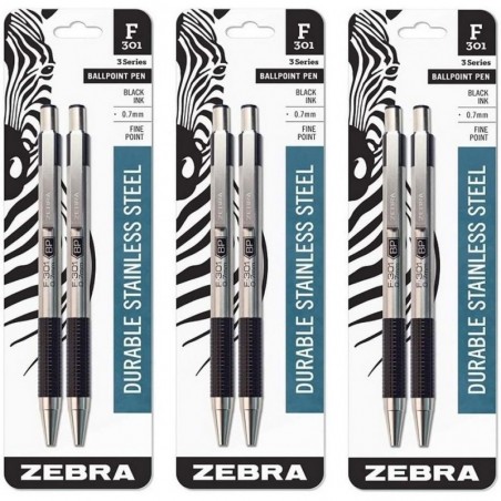 (3) Zebra F-301 Kugelschreiber aus Edelstahl, feine Spitze, 0,7 mm, schwarze Tinte, 2 Stück (27112)