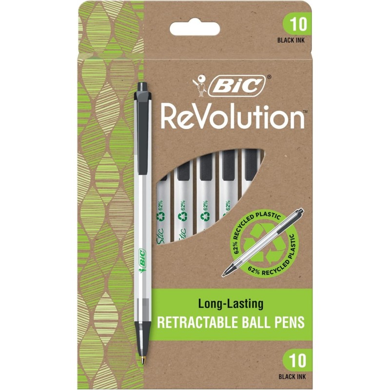 BIC Ecolutions Clic Stic Druckkugelschreiber, mittlere Spitze, schwarze Tinte, 10/Packung (CSEM10-BLK)