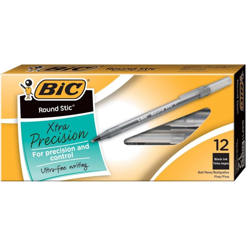 BIC® Round Stic® Kugelschreiber, feine Spitze, 0,8 mm, durchscheinender Schaft, schwarze Tinte, 12er-Pack