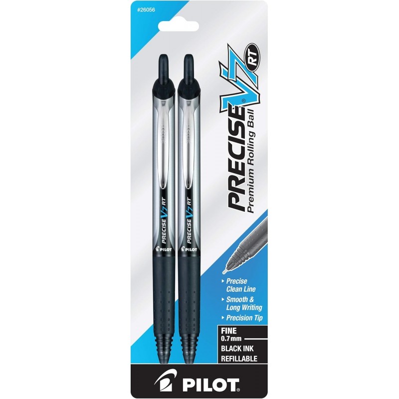 PILOT Precise V7 RT Nachfüllbarer und einziehbarer Kugelschreiber mit Flüssigtinte, feine Spitze (0,7 mm), schwarze Tinte, 2er-Pack (26056)