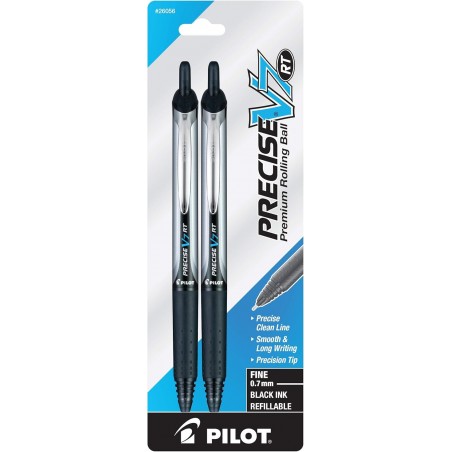 PILOT Precise V7 RT Nachfüllbarer und einziehbarer Kugelschreiber mit Flüssigtinte, feine Spitze (0,7 mm), schwarze Tinte, 2er-Pack (26056)