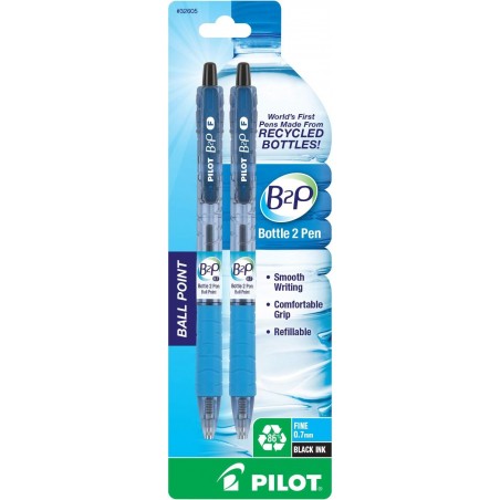 PILOT B2P - Bottle-to-Pen - nachfüllbarer und einziehbarer Kugelschreiber aus recycelten Flaschen, feine Spitze, schwarze Tinte, 2er-Pack (32605)