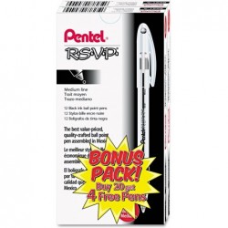 Pentel RSVP Kugelschreiber Value Pack, Stick, Medium 1 mm, schwarze Tinte, transparenter/schwarzer Schaft, 24/Packung