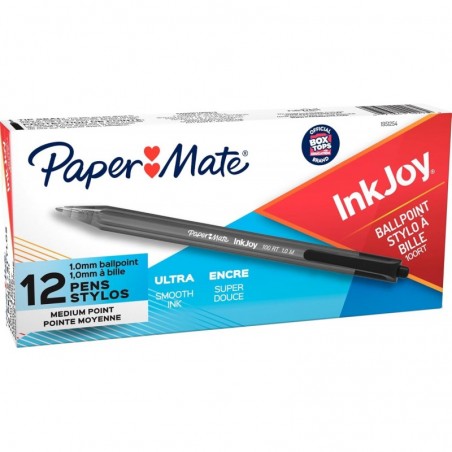 Paper Mate® InkJoy 100 RT-Stifte, mittlere Spitze, 1,0 mm, durchscheinende schwarze Schäfte, schwarze Tinte, 12er-Pack