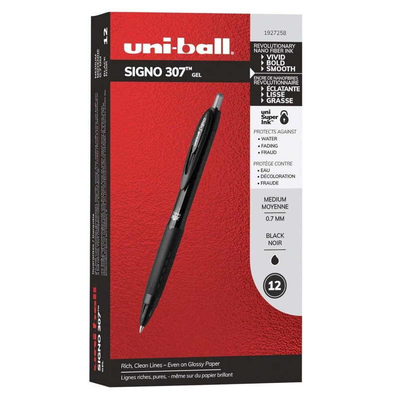 Uniball 307, 0,7 mm Gelschreiber mit mittlerer Spitze, 12er-Pack schwarze Stifte, Stifte mit feiner Spitze, sanftes Schreiben, Stifte in Großpackungen für Bürobedarf, Uniball verkauft Gelschreiber, Kugelschreiber und Tintenschreiber