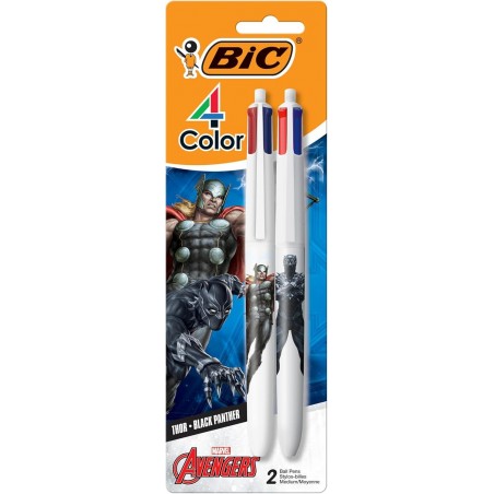 BIC 4-Farben Marvel's Avengers Druckkugelschreiber, Thor und Black Panther Edition, mittlere Spitze, 1,0 mm, weißer Schaft, verschiedene Tintenfarben, Packung mit 2 Stiften