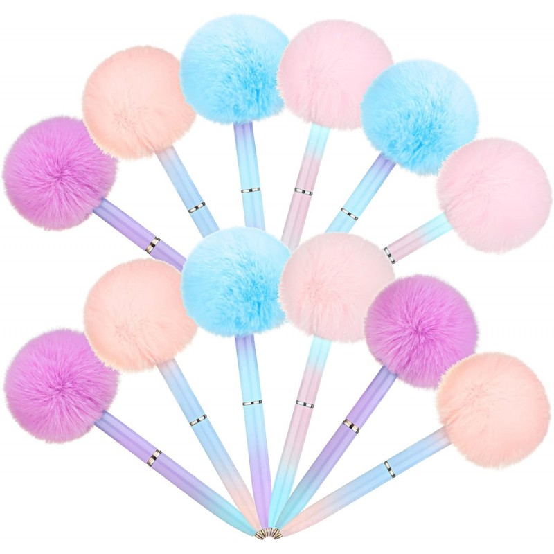 Epakh 12 Stück 0,5 mm Pompom-Kugelschreiber, süßer, flauschiger Stift, pastellfarbener Weihnachtsgeschenkstift, mehrfarbiger, ausgefallener Stift für Hochzeits- und Weihnachtsbedarf, Lila, Koralle, Rosa, Blau (schwarze Tinte)