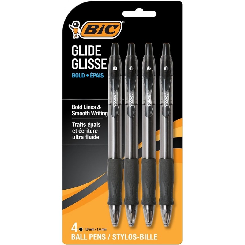 BIC Glide Bold Kugelschreiber, einziehbar, fett 1,6 mm, schwarze Tinte, durchscheinender schwarzer Schaft, 4/Packung