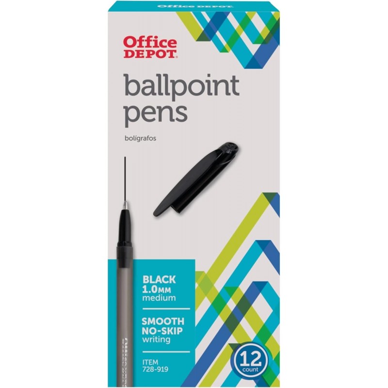 Office Depot getönte Kugelschreiber, mittlere Spitze, 1,0 mm, schwarzer Schaft, schwarze Tinte, 12er-Pack, 18004