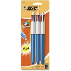 BIC 4-Farben-Kugelschreiber – Mittlere Stiftspitze – 1 mm Stiftspitze – Konische Stiftspitze – Schwarze, blaue, grüne, rote Tinte – Opaker blauer Schaft – 3 / Packung