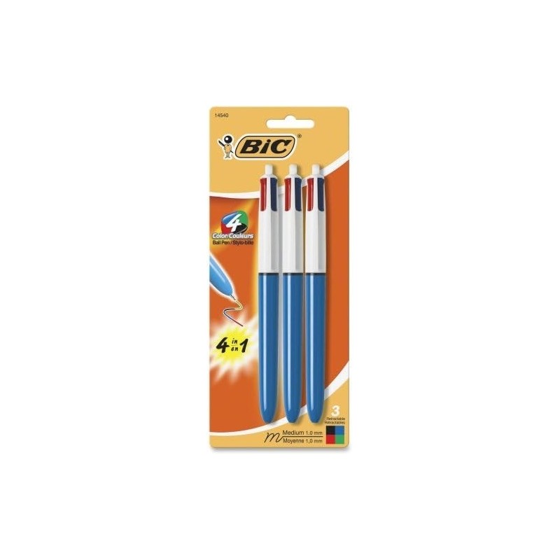 BIC 4-Farben-Kugelschreiber – Mittlere Stiftspitze – 1 mm Stiftspitze – Konische Stiftspitze – Schwarze, blaue, grüne, rote Tinte – Opaker blauer Schaft – 3 / Packung