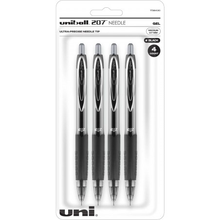 Uni-Ball Signo Gel 207™ Gelstifte mit Druckfunktion, mittlere Spitze, 0,7 mm, transparenter Schaft, schwarze Tinte, 4er-Pack