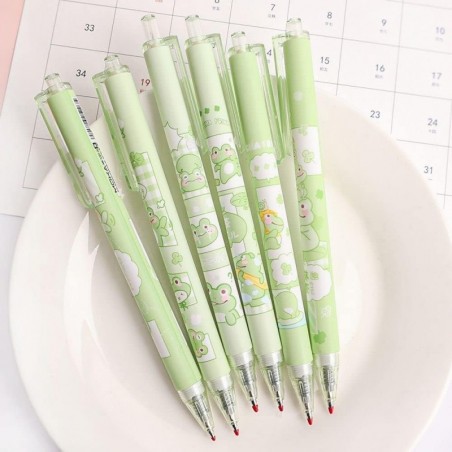 Niedliche 0,5-mm-Gel-Tintenstifte, 6-teilig/Set, Kawaii-Frosch-Kugelschreiber, schwarze Tinte, Klickstift, Schreibstift für Schüler, einziehbarer Unterschriftenstift, Schul- und Büroschreibstift