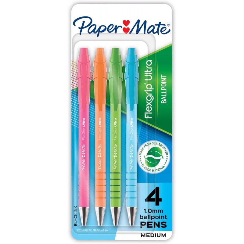 Paper Mate FlexGrip Ultra-Druckkugelschreiber, mittlere Spitze, 1,0 mm, 36 % recycelt, verschiedene Schaftfarben, schwarze Tinte, 4er-Packung