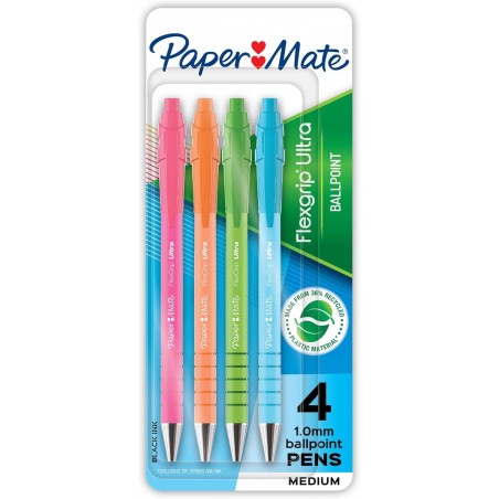 Paper Mate FlexGrip Ultra-Druckkugelschreiber, mittlere Spitze, 1,0 mm, 36 % recycelt, verschiedene Schaftfarben, schwarze Tinte, 4er-Packung