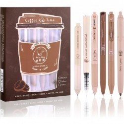 Niedliche Kaffeestifte, 0,5 mm feiner schwarzer Tintenstift, 5 Gel-Tintenstifte, Druckstifte und 1 Textmarker, Stifte für sanftes Schreiben, Kawaii-Schule- und Bürobedarf, ästhetische Stifte mit schnell trocknender Tinte