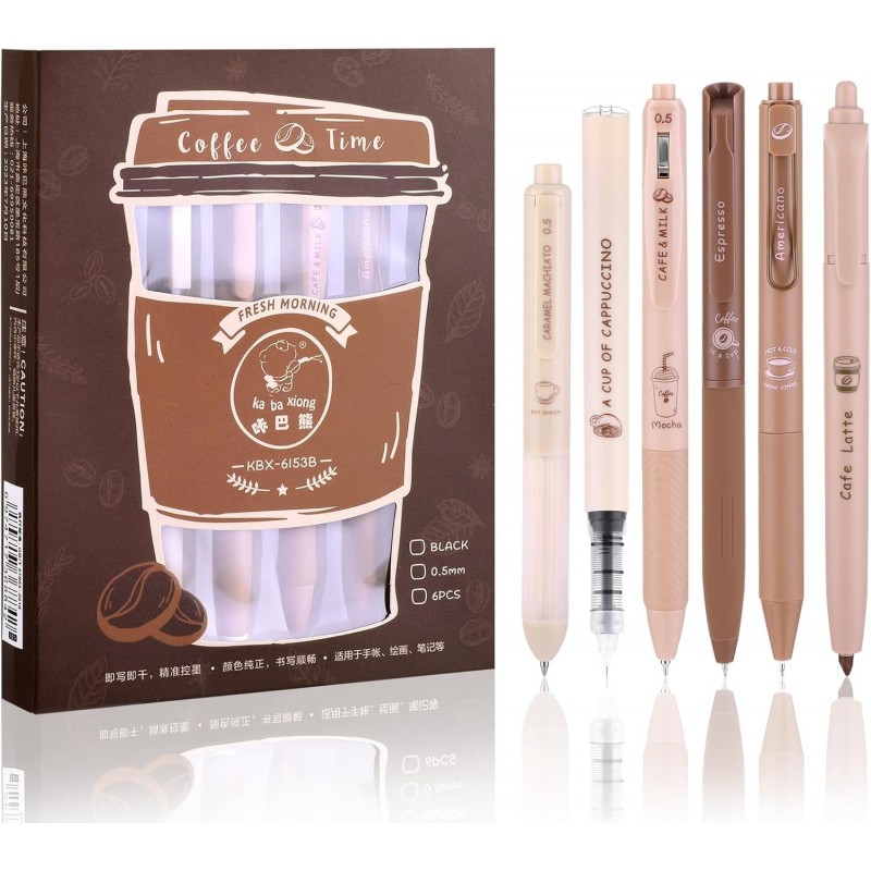 Niedliche Kaffeestifte, 0,5 mm feiner schwarzer Tintenstift, 5 Gel-Tintenstifte, Druckstifte und 1 Textmarker, Stifte für sanftes Schreiben, Kawaii-Schule- und Bürobedarf, ästhetische Stifte mit schnell trocknender Tinte