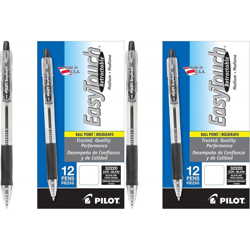 PILOT EasyTouch Nachfüllbare und einziehbare Kugelschreiber, mittlere Spitze, schwarze Tinte, 12 Stück (32220) – 2er-Pack