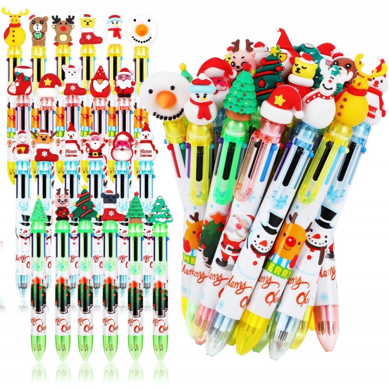 Aodaer 60 Stück Weihnachts-Kugelschreiber, 6-in-1, mehrfarbig, Druckkugelschreiber, Weihnachtsbaum, Schneemann, Rentier, Weihnachtsmann, Weihnachtsfeier, Geschenke für Büro, Schule, Klasse