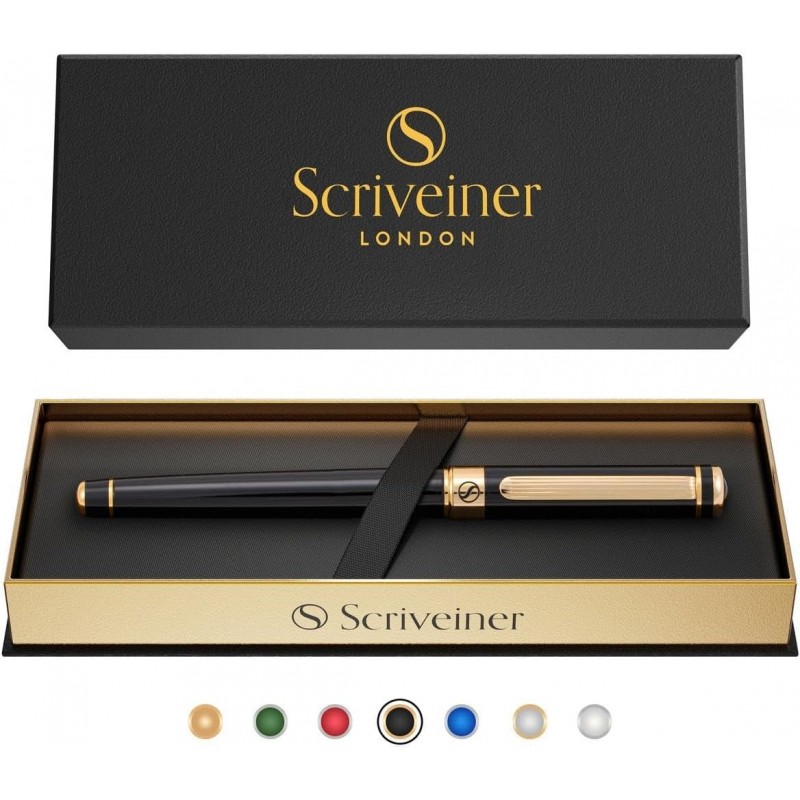 Scriveiner Tintenroller mit schwarzem Lack – umwerfender Luxus-Stift mit 24-Karat-Gold-Finish, Schmidt-Tintenmine, bestes Tintenroller-Geschenkset für Männer und Frauen, Profis, Chefbüros, schöne Stifte