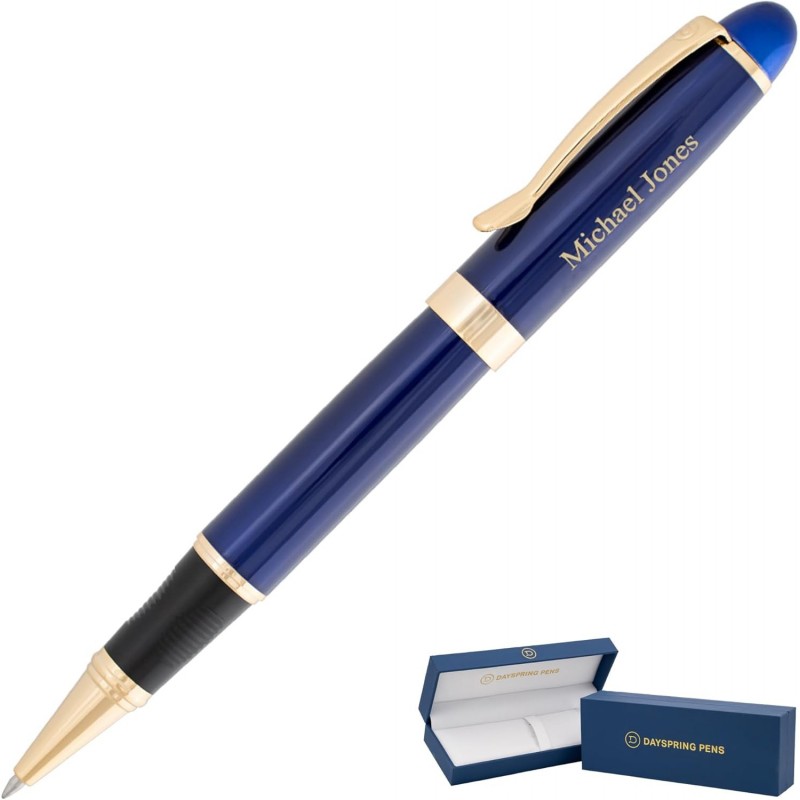 Dayspring Pens | Gravierter Alexandria Rollerball-Geschenkstift mit Etui – Blauer Lack mit Goldrand. Mit Name/Nachricht graviert. Sanfte Rollerball-Tinte.