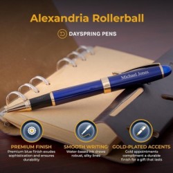 Dayspring Pens | Gravierter Alexandria Rollerball-Geschenkstift mit Etui – Blauer Lack mit Goldrand. Mit Name/Nachricht graviert. Sanfte Rollerball-Tinte.