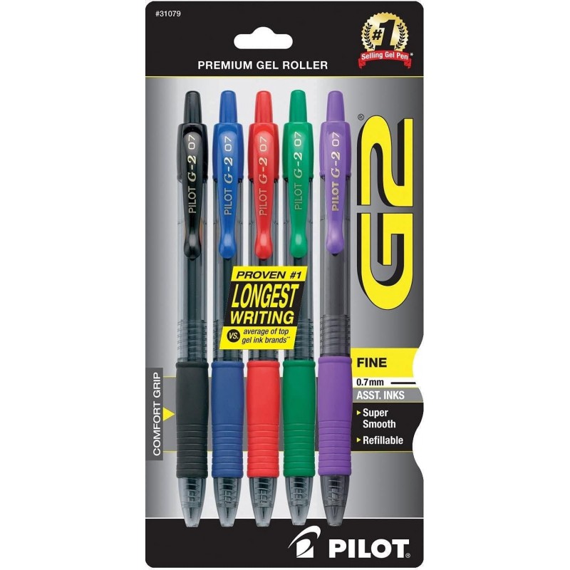 PILOT G2 Premium Gelschreiber mit nachfüllbarem und einziehbarem Rolling Ball, feine Spitze, schwarze/blaue/rote/grüne/violette Tinte (31079) – (6er-Pack, insgesamt 30 Stück)