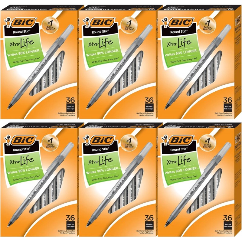 BIC Round Stic Xtra Life Kugelschreiber, mittlere Spitze (1,0 mm) – Packung mit 216 schwarzen Stiften