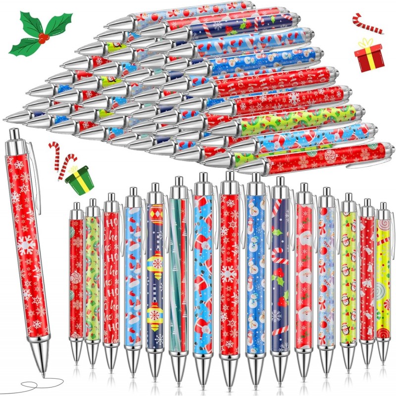 Weihnachtskugelschreiber, 150 Stück, Großpackung, Weihnachtsstifte, 0,5 mm, einziehbare schwarze Tinte, dekorative Stifte, Weihnachtsparty-Geschenkstifte fürs Büro, Partyzubehör, Frauengeschenk