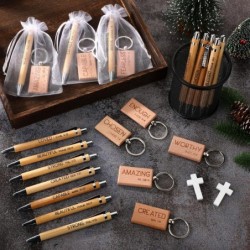 48 Sets Christliches Geschenk Großpackung Weihnachts-Bibelvers-Schlüsselanhänger Inspirierender Bambus-Stift Religiöser Schlüsselanhänger und Geschenktüte