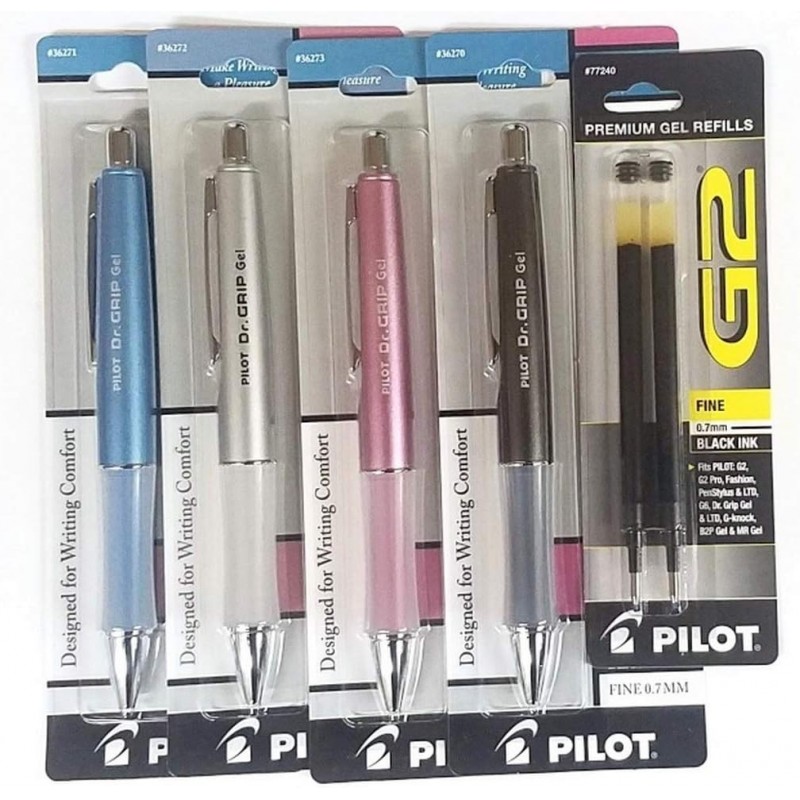 (4) Pilot Dr. Grip Limited Gelschreiber mit einziehbarem Rolling Ball, feine Spitze, Schaft in Mauve-Metallic, Schaft in Eisblau-Metallic, Schaft in Silber, Schaft in Anthrazit-Metallic, schwarze Tinte, 2 schwarze Minen