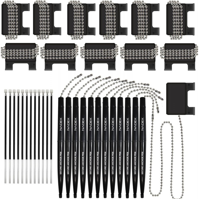 Nadex-Stift mit Sicherheitskette und Basishalterung | Set mit 12 Stiften, 12 Klebehalterungen und 12 Minen (schwarz)