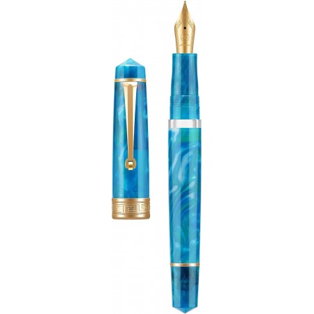 Asvine P20 Kolbenfüllfederhalter aus blauem Harz, Iridium-Feder mit mittlerer Goldverzierung Trim Smooth Writer Collection mit Etui-Set