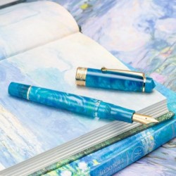 Asvine P20 Kolbenfüllfederhalter aus blauem Harz, Iridium-Feder mit mittlerer Goldverzierung Trim Smooth Writer Collection mit Etui-Set